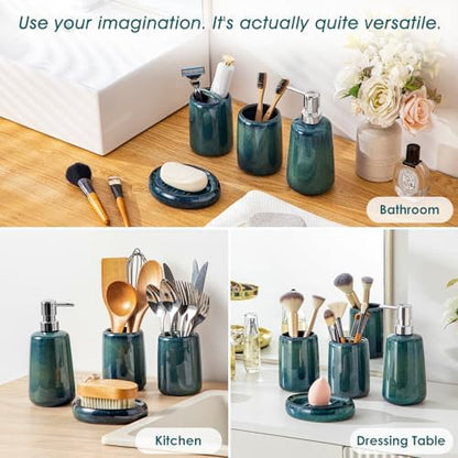 vancasso Green Bathroom Accessories Set, Ceramic Soap Dispenser and Toothbrush Holder Sets, Stoneware 4 Pcs Bathroom Sink Set for Modern Home Decor, Series Starry