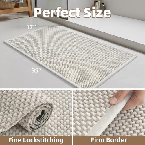 PADOOR-Bath Mat-Super Absorbent Chenille Bathroom Mats-Rubber Backed Bath Mats for Bathroom Non Slip, Easy Clean Bathroom Rugs Front of Bathtub,Shower Room,Sink-17×35, Beige&Cream