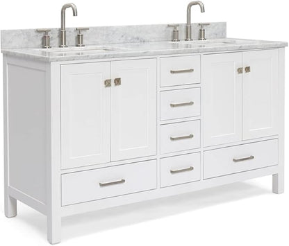 ARIEL Cambridge 60-inch Bathroom Vanity with Sink,Solid Wood, 0.75-inch Italian Carrara Marble Countertop, Double Rectangular Porcelain Sink, 4 Soft Closing Doors, 6 Dovetail Drawers, White