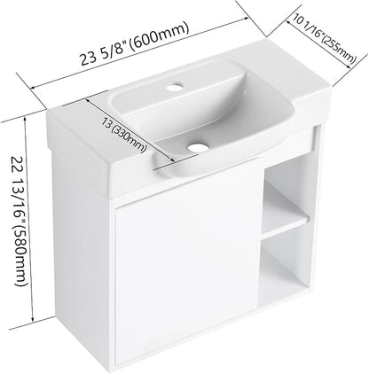24" Bathroom Vanity with Ceramic Sink, Farmhouse Cabinet, White | Ceramic Sink, Soft-Close Door, Interior Compartment and 2-Tier Open Side Shelves, 45° Inclined Edge Handle