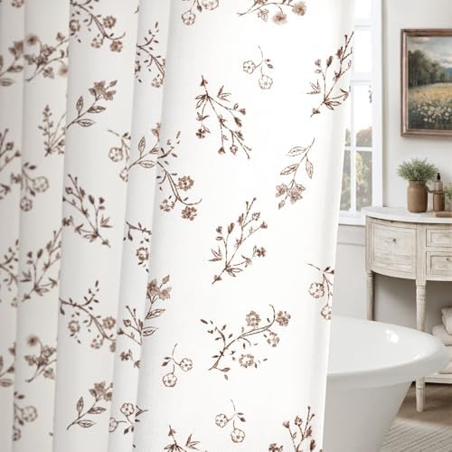 Brown Floral Farmhouse Vintage Cotton Shower Curtain French Country 72Wx72H