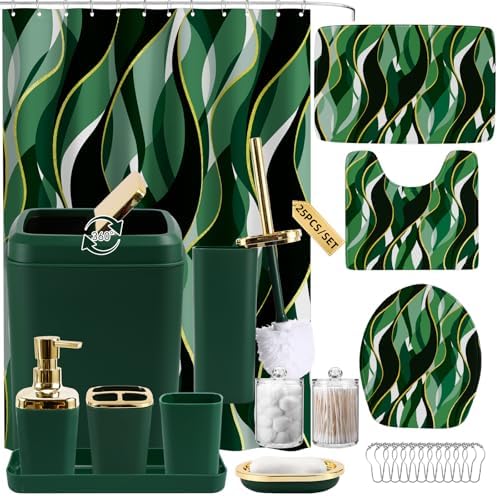 XLHOMO Bathroom Set - Green and Gold Bathroom Accessories, Bathroom Sets with Shower Curtain and Rugs, Green Shower Curtain Set with Bathroom Trash Can, Soap Dispenser, Soap Dish for Home Decor