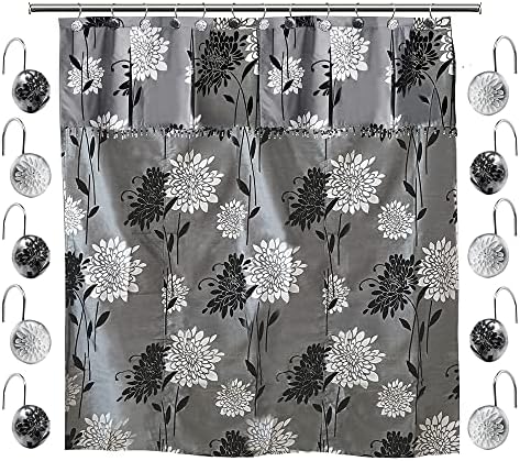 Zahari Home 13pc Erica Bathroom Fabric Shower Curtain Sets Bathroom Shower Curtain & 12 Shower Bathroom Hooks Modern Classic Luxury Contemporary Decor Grey Shower Curtain Stylish Bath Sets