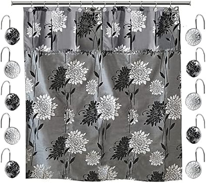 Zahari Home 13pc Erica Bathroom Fabric Shower Curtain Sets Bathroom Shower Curtain & 12 Shower Bathroom Hooks Modern Classic Luxury Contemporary Decor Grey Shower Curtain Stylish Bath Sets