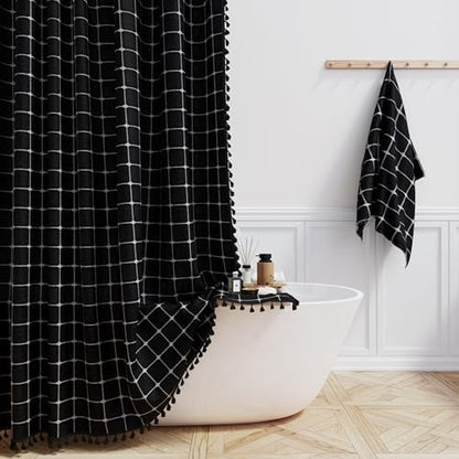 BTTN Long Boho Farmhouse Linen Cloth Shower Curtain, 72x84, Black and White