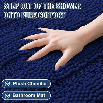 Grandaily Chenille Striped Bathroom Rugs 47x32, Extra Thick and Soft Absorbent Bath Mats, Rubber Backing, Plush Shaggy Shower Carpet, Machine Wash Dry, Bath Rug for Bathroom, Navy Blue