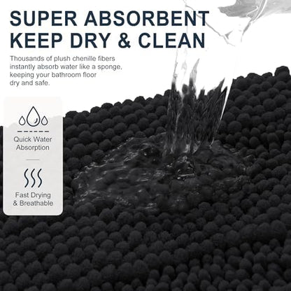 Smiry Thick Chenille Bathroom Runner Rugs 47x17, Absorbent Bath Mat, Black
