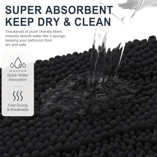 Smiry Thick Chenille Large Bathroom Runner Rugs 45x27, Soft Bath Mat, Black