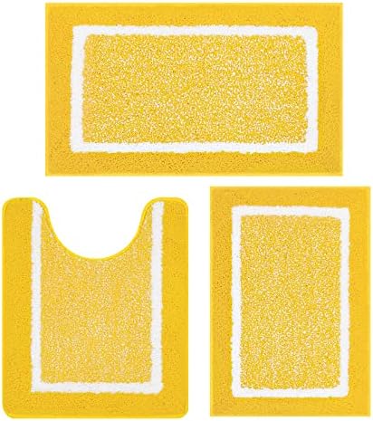 Pauwer 3 Piece Bathroom Rug Set, Non Slip Washable Bath Mat, Yellow