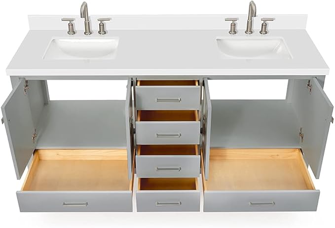 DKB Beckford 72 Inch Bathroom Vanity Double Sink — Grey Bathroom Vanity with Sink, 1.5" Edge Pure White Quartz Countertop & Backsplash, 4 Soft-Close Doors, 6 Dovetail Drawers