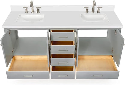 DKB Beckford 72 Inch Bathroom Vanity Double Sink — Grey Bathroom Vanity with Sink, 1.5" Edge Pure White Quartz Countertop & Backsplash, 4 Soft-Close Doors, 6 Dovetail Drawers