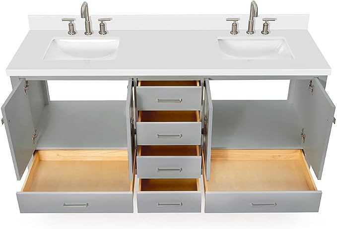 ARIEL Cambridge 72-inch Bathroom Vanity with Sink,Solid Wood, 1.5-inch Pure White Quartz Countertop & Backsplash, Double Rectangular Porcelain Sink, 4 Soft Closing Doors, 6 Dovetail Drawers, Grey