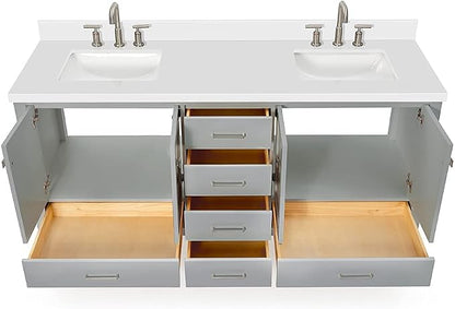 ARIEL Cambridge 72-inch Bathroom Vanity with Sink,Solid Wood, 1.5-inch Pure White Quartz Countertop & Backsplash, Double Rectangular Porcelain Sink, 4 Soft Closing Doors, 6 Dovetail Drawers, Grey
