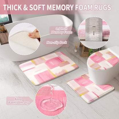 XLHOMO Bathroom Accessories Set - 25PC Bathroom Set with Shower Curtain and Rugs, Pink Bathroom Set, Bathroom Accessory Set with Press-on Lid Trash Can, Soap Dispenser and Qtip Holders