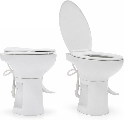 SEAFLO Porcelain RV Toilet with Sprayer Attachment - Elongated Bowl 19” Inch Residential Height, Gravity Flush, Foot Pedal Soft Close Seat Camper Motorhome Easy Install 4 -year Warranty SFRTCH-02-02