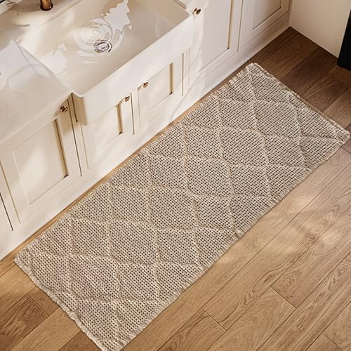 ZALL Tan Waffle Bath Mat,Super Absorbent Non Slip Bathroom Rug,Brown 24X60 inch, Geometric Diamond Machine Washable Ultra Soft Floor Mats