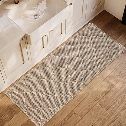 ZALL Tan Waffle Bath Mat,Super Absorbent Non Slip Bathroom Rug,Brown 24X60 inch, Geometric Diamond Machine Washable Ultra Soft Floor Mats