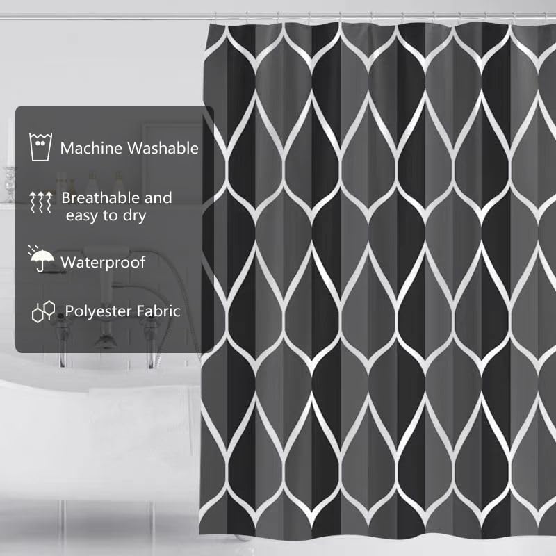 LLSCL Fabric Shower Curtain Liner with Magnets, Black Grid Waterproof Hotel Quality, 72 x 72 Machine Washable