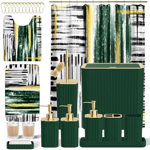 Bathroom Set - Bathroom Accessory Set, Dark Green Bathroom Set, 26PC Bathroom Sets with Shower Curtain and Rugs, Toilet Brush, Trash Can, Qtip Holder & Bathroom Soap Dispenser Set