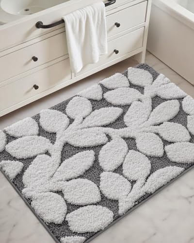 DEXI Bathroom Rugs Non Slip Washable 32x20, Boho White Leaf Bath Mat, Gray