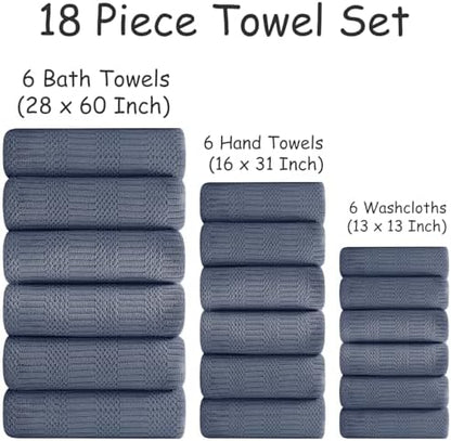 18 Pcs Purple Blue Family Towels Set-6 Bath Sheets,6 Hand Towels,6 Washcloths Soft Polyester Towels Absorbent Shower Towel Quick Dry Beach Chair Towel Lint Less Towels Set for Bathroom Spa Gym Hotel