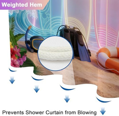 Waterproof Tropical Beach Shower Curtain with 12 Hooks, Colorful Neon Surfboard Design Fabric Shower Curtains with Weighted Bottom, Machine Washable Summer Shower Curtain for Bathroom , 72"W x 72"L