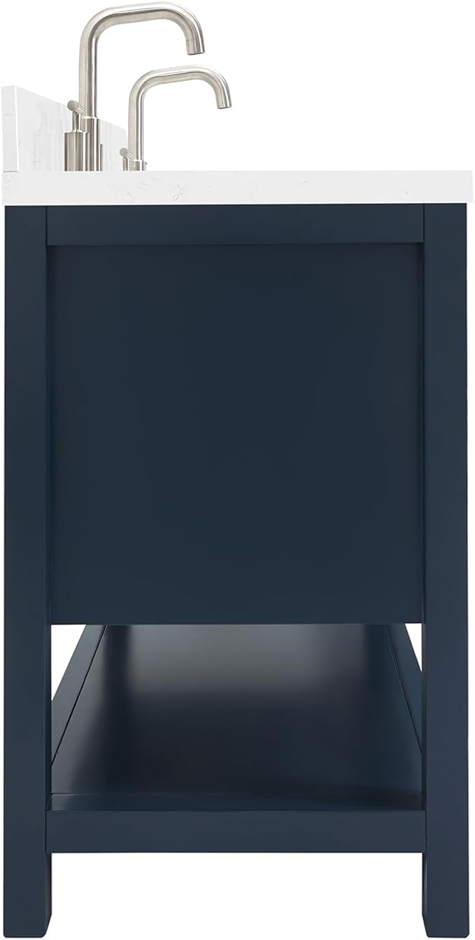 ARIEL Magnolia 72-inch Bathroom Vanity with Sink,Solid Wood, 1.5-inch Carrara White Quartz Countertop, Double Rectangular Porcelain Sink, 4 Soft Closing Doors, 3 Dovetail Drawers, Midnight Blue