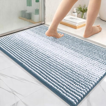 OLANLY Bathroom Rugs 36x24, Soft Chenille Striped Bath Rugs, Airy Blue