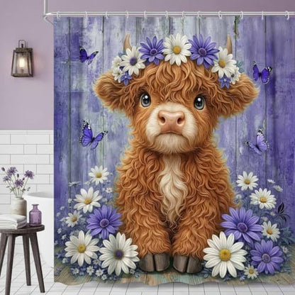 Cute Cow Shower Curtain, Farmhouse Rustic Purple Floral Daisy Highland Cow Shower Curtains for Bathroom, Calf Country Farm Animal Garden Plant Fabric Bathroom Decor with Hooks, 70x75 inch