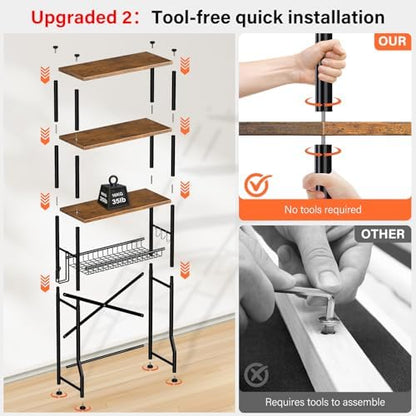 Over-The-Toilet Storage Shelves, 4-Tier Bathroom Organizer Shelf Over Toilet with Adjustable Feet Pad and Basket, Freestanding Space Saver Bathroom Storage Rack Above Toilet (Vintage Brown)