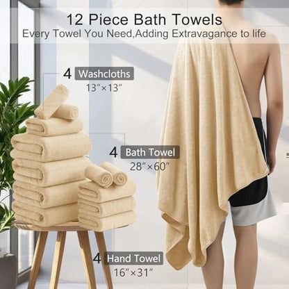Luxury Bath Towels Set - 12 Piece (4 Large Bath Towels,4 Hand Towels,4 Washcloths), 100% Microfiber,Extra Absorbent Super Soft & Quick Dry,Complete Family Pack for Bathroom Gym Pool,Beige