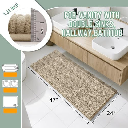 Yimobra Bathroom Rug Mat 47 x 24, Non Slip and Super Absorbent Bath Mat,Machine Washable Quick Dry,Ultra Plush Chenille Shower Rugs for Bathroom Floor Sink Tub and Shower Outside,Camel