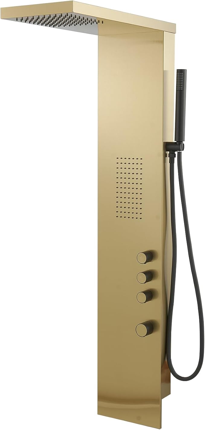 Brushed Gold Shower Panel Tower System Bathroom Wall Mount | Rain Shower Head with Body Jet Massage and Rainfall Hand Shower,High Pressure Large Area,Flexible Shower Hose,Stainless Steel