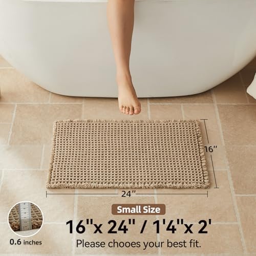 Triohero Waffle Bath Mat, Small Boho Bathroom Rugs Non Slip 16x24 Beige