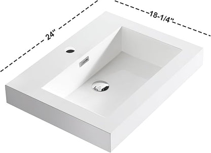 Dowell 24" Bathroom Sink,Single Bowl Vanity Basin,Rectangular Drop-In Bathroom Sink with Overflow,White-000 2418BP