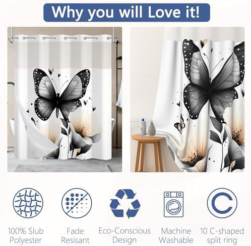 No Hook Shower Curtain with Snap in Liner 71x74 Inch