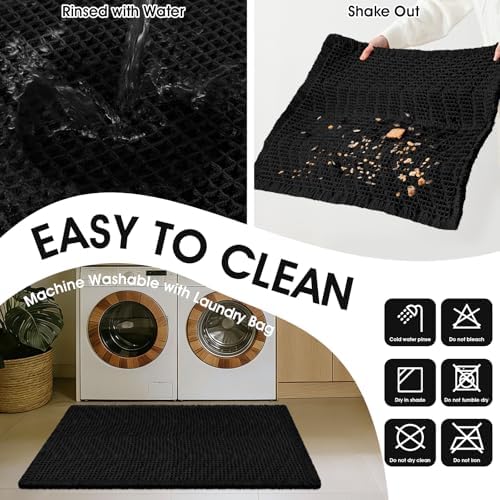 Upgraded Waffle Bath Mat, 36"x24" Black-Herringbone, Super Absorbent Non-Slip Quick Dry Bathroom Rugs with Tassels, Machine Washable Ultra Soft Boho Bath Rugs, Toilet Mats Boho Farmhouse Decor