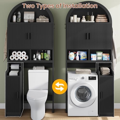 Itaar Arched Over The Toilet Storage Cabinet, 78.7" H Fluted Bathroom Organizer with Reversible Side Cabinet, Adjustable Shelves, Anti-Tipping, Hooks & Paper Holder for Bathroom Laundry Room, Black