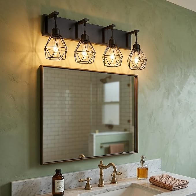 Somniferous 4 Light Bathroom Vanity Light, Farmhouse Bathroom Light Fixtures Over Mirror, Black Vanity Light with Caged Metal Shade, Rustic Wall Light Fixture for Bedroom, Living Room, E26 Socket