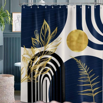 Navy Blue and Gold Extra Long Shower Curtain, Tall 72X96 in, Mid Century