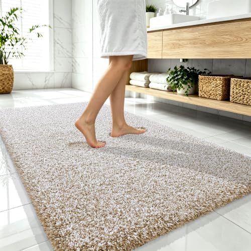 OLANLY Microfiber Bathroom Rugs 59x35, Quick Dry Bath Mat, Beige and White