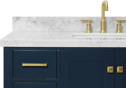 ARIEL Cambridge 48-inch Bathroom Vanity with Sink,Solid Wood, 1.5-inch Italian Carrara Marble Countertop, Single Rectangular Porcelain Sink, 2 Soft Closing Doors, 9 Dovetail Drawers, Midnight Blue