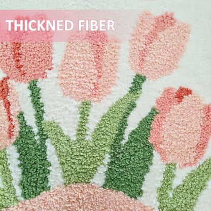 Tulip Flower U-Shaped Toilet Mat, Romantic Floral Non-Slip Bath Rug with Wave Edge Design, Soft Absorbent Microfiber Floor Mat for Toilet Base, Machine Washable Bathroom Decor (U-Shaped Pink)