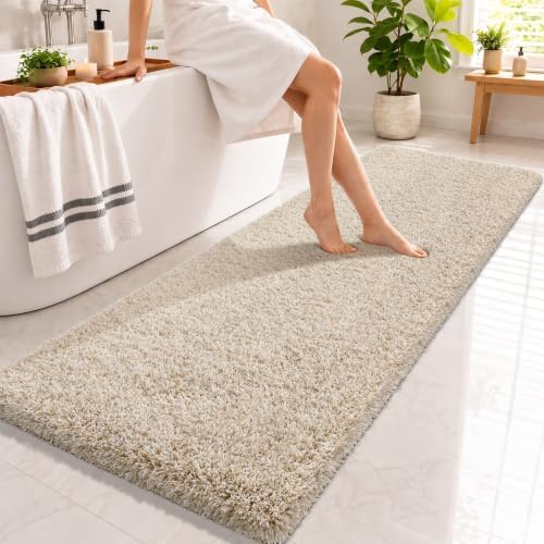 Yimobra Bathroom Runner Rug Non Slip 70x24,Long Bath Mat, Light Beige&White