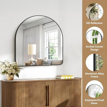 Arched Bathroom Mirror, 30"x30" Black Arched Mirror for Bathroom, Wall Mounted Mirror, Vanity Wall Mirror Metal Frame for Bedroom, Entryway, Living Room, Vertically Hanging