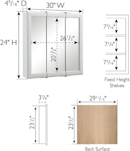 Design House Wyndham, 30 in W x 4.5 in D x 24 in H Bathroom Medicine Cabinet, Wall Mounted, 3 Mirror Doors, White, 535864-WHT