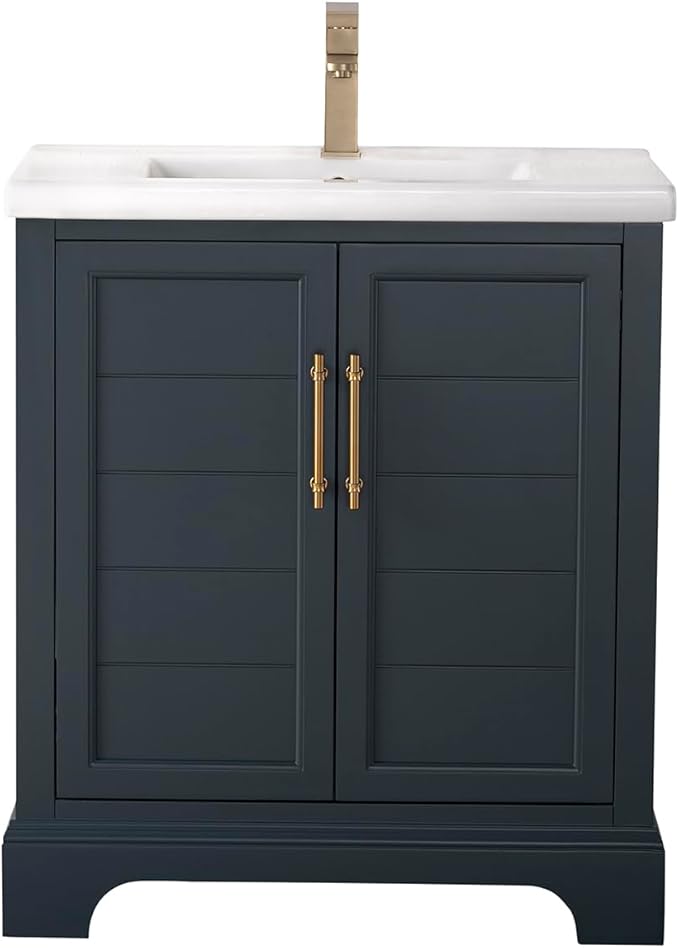 HOMEBEYOND 30 Inch Bathroom Vanity with Single Sink & Ceramic Top, Vanity Cabinet with Center Countertop Basin, Soft-Closing Doors, Vintage Spruce Blue