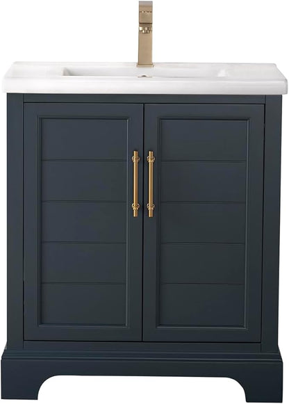 HOMEBEYOND 30 Inch Bathroom Vanity with Single Sink & Ceramic Top, Vanity Cabinet with Center Countertop Basin, Soft-Closing Doors, Vintage Spruce Blue