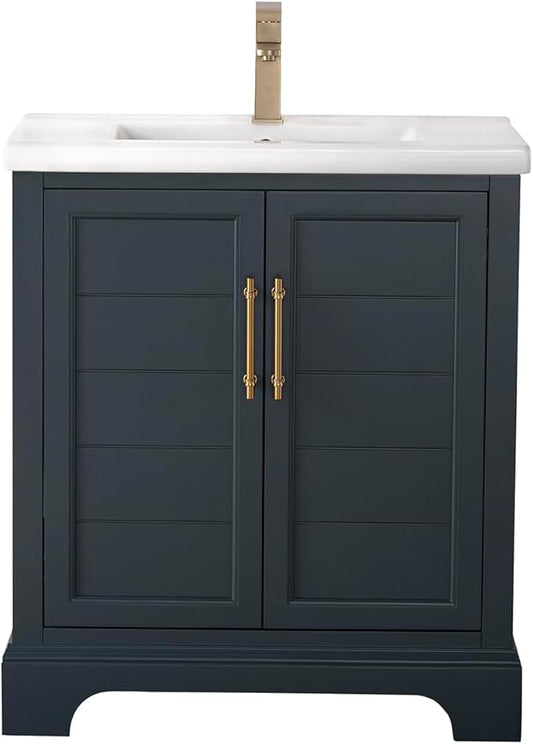 HOMEBEYOND 30 Inch Bathroom Vanity with Single Sink & Ceramic Top, Vanity Cabinet with Center Countertop Basin, Soft-Closing Doors, Vintage Spruce Blue