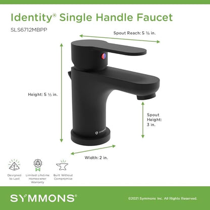Symmons Identity Single Hole Single Handle Bathroom Faucet with Push Pop Drain in Matte Black (1.0 GPM), Large